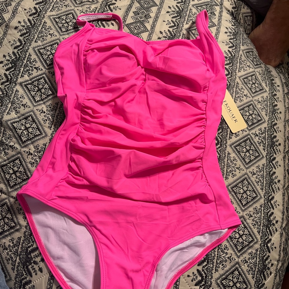 Women’s Bright Pink Ruched Swim Bodysuit - Picture 2 of 3
